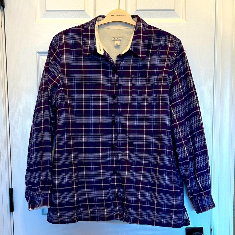 L.L. Bean Purple/White Scotch Plaid Sherpa Fleece-Lined Shacket